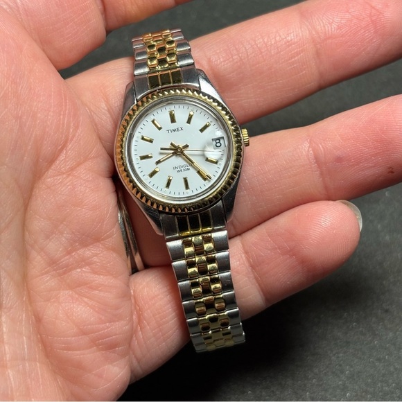 Timex Indiglo Ladies Quartz Watch Date Just White Dial Silver Gold Tone Working - Picture 1 of 9